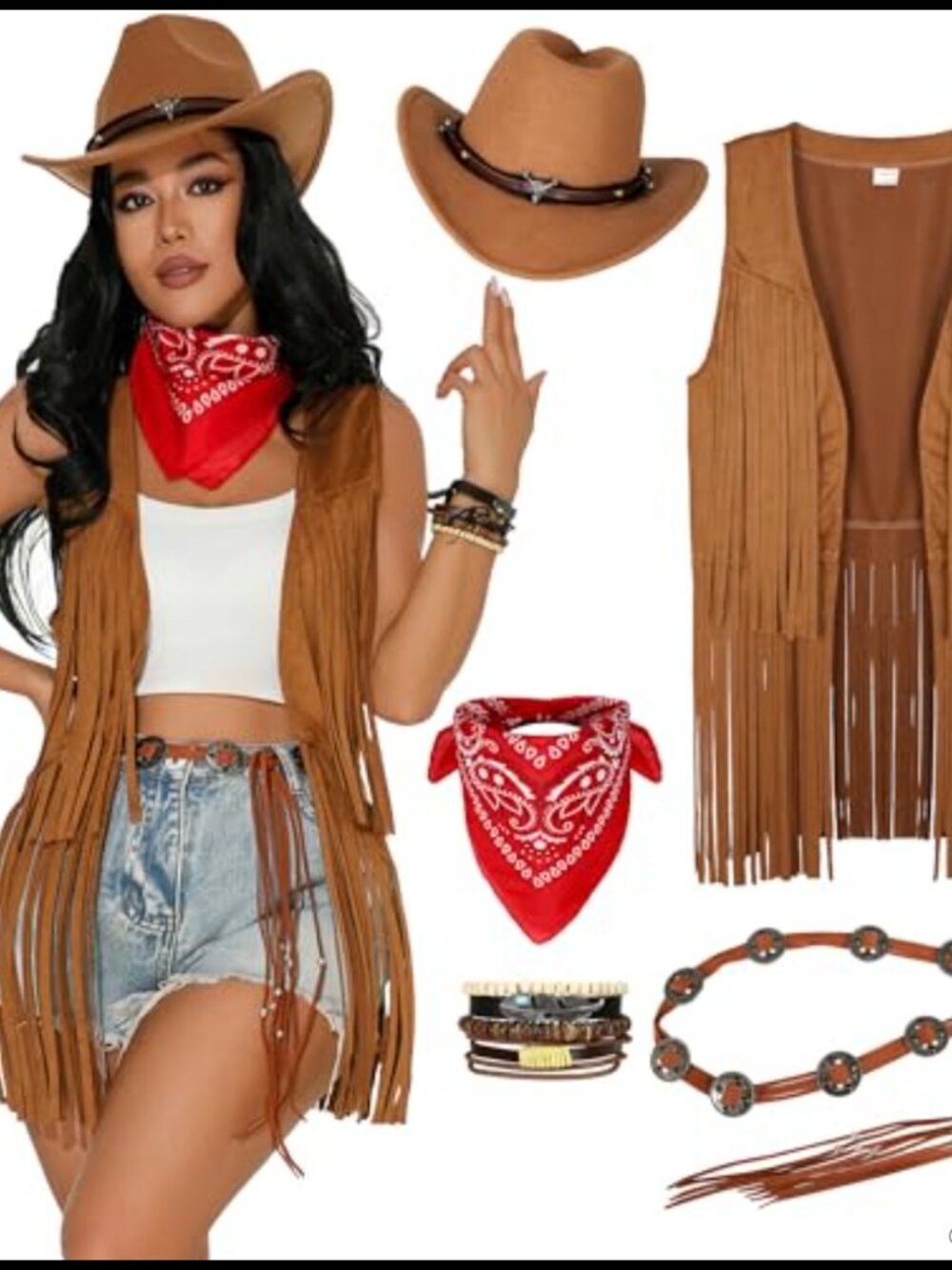 Faux Suede Fringe Vest Hat Scarf Belt Bracelet Cowgirl Costume Set